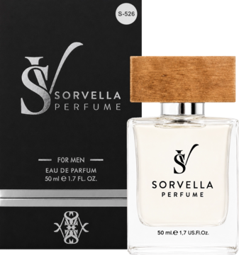 Perfumy męskie Sorvella w szklanej butelce z drewnianym korkiem i czarnym pudełkiem z logo, widok przodem.