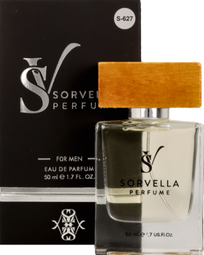 Sorvella Perfume for Men w szklanej butelce z drewnianą zakrętką, czarny kartonik obok, widok pod kątem.