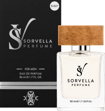 Sorvella Perfume For Men 50ml, czarno-srebrne pudełko obok szklanego flakonu z drewnianą nakrętką.