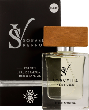 SORVELLA Perfume For Men, drzewno-korzenny zapach 50ml, w butelce z drewnianą nakrętką i czarnym pudełkiem.