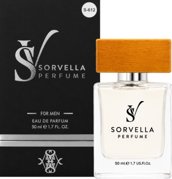 Drzewno-korzenne perfumy męskie Sorvella 50ml, przezroczysta butelka z drewnianą nakrętką, czarne pudełko.