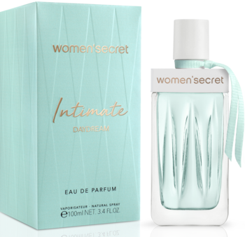 Women'Secret Intimate Daydream Eau de Parfum, miętowo-zielona butelka z fasetami i pudełko, widok z przodu pod kątem.