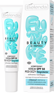 Bielenda Funny AI Inspired hybrydowy krem pod oczy SPF 50 w białej tubce i pudełku, widok z przodu.