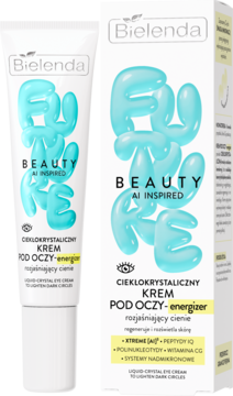 Bielenda Funky Beauty krem pod oczy rozjaśniający, biała tubka i pudełko z błękitnymi napisami, przód.