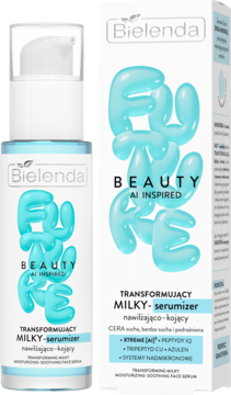Bielenda Funky Beauty AI Inspired Milky-serumizer nawilżająco-kojący, butelka z pompką i pudełko, widok z przodu.