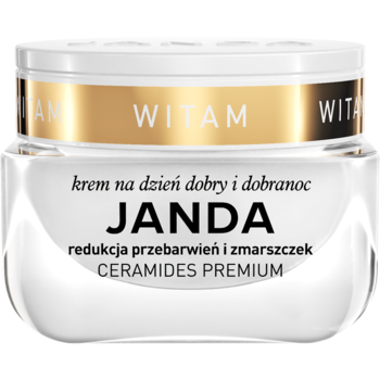 Biały słoiczek kremu JANDA Ceramides Premium, widok z przodu, na dzień i noc, na zmarszczki i przebarwienia.