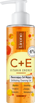 Lirene C+E złuszczający żel do twarzy z 4% kwasem glikolowym, pomarańczowa butelka z pompką, widok z przodu.