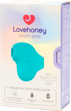 Lovehoney Mon Ami stymulator ssący na palec, turkusowy, w białym opakowaniu. Z przodu opis technologii Pleasure Air.