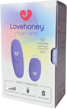 Lovehoney mon ami panty wibrator, liliowy, w białym pudełku z pilotem, widok z przodu opakowania.