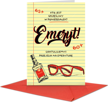 Humorystyczna kartka na emeryturę "Emeryt!" z grafiką zeszytu, okularów i butelki na czerwonej kopercie.
