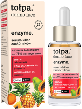 Tołpa dermo face enzyme serum-killer zaskórników w pudełku i butelce z pipetą, z grafiką owoców.