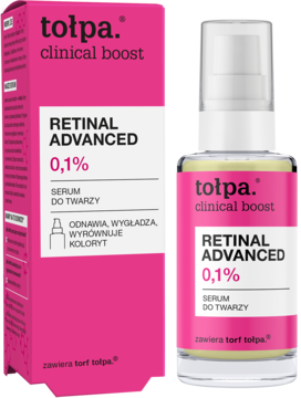 Różowo-białe serum do twarzy Tolpa Clinical Boost Retinal Advanced 0,1% w butelce z pompką obok opakowania.