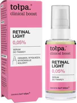 Tołpa Clinical Boost Retinal Light 0,05% serum do twarzy w różowym pudełku i butelce, widok z przodu.