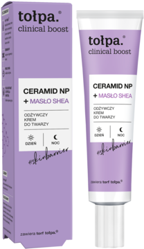 Fioletowy krem Tołpa Clinical Boost Ceramidy + Masło Shea do twarzy, dzień i noc, opakowanie i tubka.