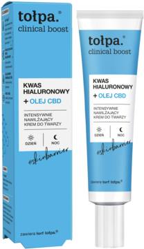 Tołpa Clinical Boost niebieski krem nawilżający dzień/noc z kwasem hialuronowym i CBD. Pudełko i tubka.
