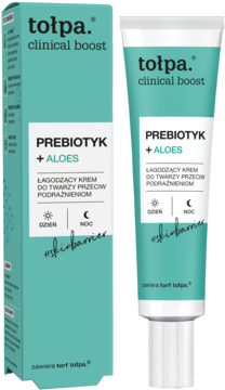 Krem do twarzy tołpa. PREBIOTYK + ALOES, łagodzący podrażnienia dzień/noc. Turkusowa tuba i kartonik, widok przód.