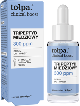 Tołpa Clinical Boost serum do twarzy z tripeptydem miedziowym 300 ppm, butelka z dropperem obok pudełka.
