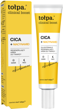 Krem Tołpa Clinical Boost Cica + Niacynamid w żółtym pudełku i tubce, regenerujący na dzień i noc.
