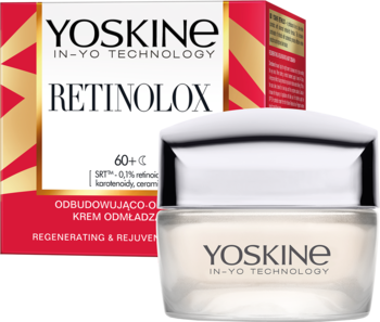 YOSKINE RETINOLOX 60+ krem regenerujący w białym słoiku z srebrną pokrywką, obok czerwono-złote pudełko.