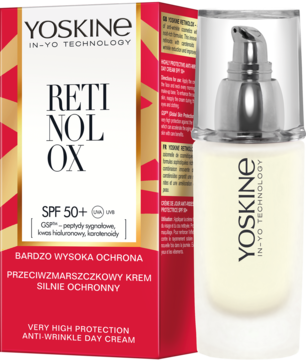 YOSKINE RETINOL OX krem przeciwzmarszczkowy SPF 50+ w białej butelce i czerwono-złotym pudełku, obok.