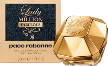 Paco Rabanne Lady Million Fabulous EDP w złotej, fasetowanej butelce obok dopasowanego złotego pudełka.
