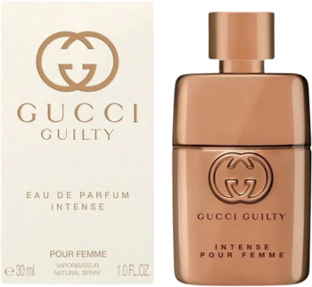 Gucci Guilty Intense Eau de Parfum: beżowo-białe pudełko i brązowo-złoty flakon, widok z przodu.