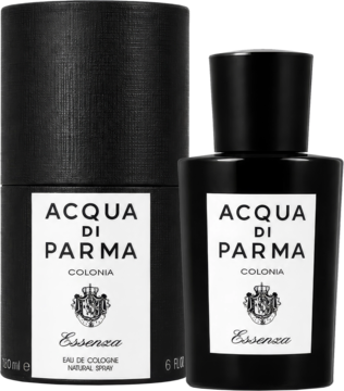 Acqua Di Parma Colonia Essenza, męska woda kolońska w czarnym flakonie i cylindrycznym pudełku, widok z przodu.