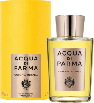 Woda kolońska Acqua di Parma Colonia Intensa: złoto-żółta butelka obok żółtego cylindrycznego pudełka na czarnym tle.