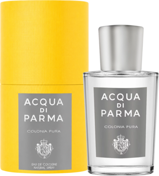 Acqua di Parma Colonia Pura, przezroczysta woda kolońska z szarą etykietą i żółte pudełko. Widok z przodu.