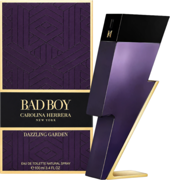 Męska woda toaletowa Bad Boy Dazzling Garden. Flakon-błyskawica i dopasowane pudełko Carolina Herrera, widok pod kątem.