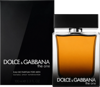 Dolce & Gabbana The One For Men, bursztynowy flakon z metalową nakrętką i czarne opakowanie EDP 100ml, widok z przodu.