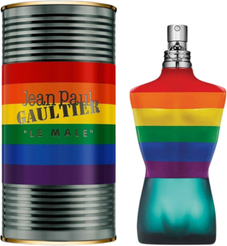 Jean Paul Gaultier Le Male Pride: tęczowy flakon-tors i pasująca cylindryczna puszka, widok z przodu.