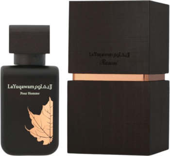 Perfumy La Yuqawam Pour Homme: czarny matowy flakon ze złotym liściem i eleganckie pudełko, widok z przodu.