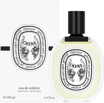 Diptyque Olene Eau de Toilette 100 ml, kwiatowy zapach narcyza. Okrągła butelka i białe pudełko, widok z przodu.