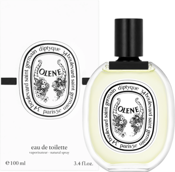 Diptyque Olene Eau de Toilette 100ml. Owalna butelka z dekoracyjną etykietą i białe pudełko na czarnym tle.