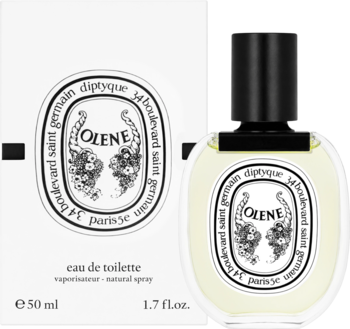 Diptyque Olene Eau de Toilette 50ml: butelka i białe pudełko obok, z motywem kwiatowym narcyz i wisteria.
