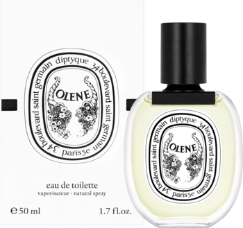 Diptyque Olene Eau de Toilette 50ml, owalna butelka z czarną nakrętką i białe pudełko z logo.