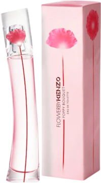 Flakon Flower by Kenzo Poppy Bouquet EDT o zakrzywionym kształcie z różowym płynem i makowym korkiem obok jasnoróżowego pudełka.