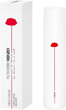 Flower by Kenzo Eau de Parfum mgiełka do ciała i włosów, biała butelka i pudełko z czerwonym kwiatem.