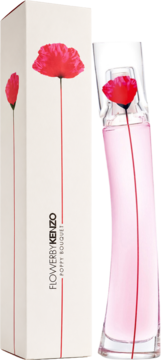 Flower by Kenzo Poppy Bouquet EDP, różowy flakon i białe pudełko z czerwoną makówką, widok z przodu.