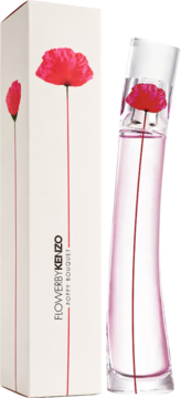 Flower by Kenzo Poppy Bouquet. Kremowe pudełko z czerwonym makiem i flakonik z różowym zapachem, stojące obok siebie.