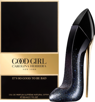 Woda perfumowana Good Girl Supreme, butelka w kształcie brokatowej szpilki i czarne pudełko Carolina Herrera.