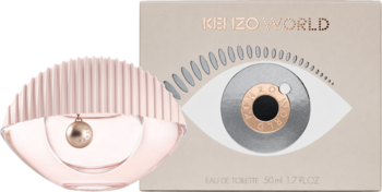 Kenzo World woda toaletowa dla kobiet. Butelka nude z okiem i żeberkowaną nakrętką oraz beżowe pudełko. Widok z przodu.