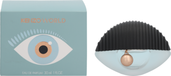 Kenzo World woda perfumowana: błękitne pudełko z grafiką oka i flakon z czarnymi 'rzęsami' i miedzią.