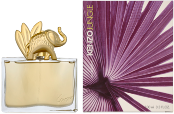 Kenzo Jungle L'Elephant, flakon z przezroczystego szkła ze złotym słoniem i pudełko z purpurowymi liśćmi.