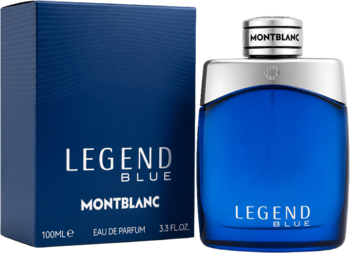 Montblanc Legend Blue woda perfumowana w intensywnie niebieskiej butelce z metalowym detalem, obok pudełka.