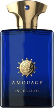 Amouage Interlude, męskie perfumy w ciemnoniebieskiej butelce z bogato zdobioną złotą nakrętką, widok z przodu.