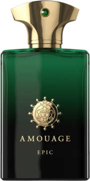 Amouage Epic perfumy w butelce z ciemnozielonego szkła, złotą nakrętką i ozdobnym emblematem, widok z przodu.