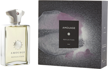 Amouage Reflection: orientalny perfum w smukłej butelce ze srebrnym logo obok ciemnego opakowania.