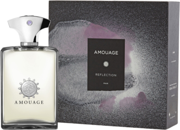Butelka orientalnych perfum Amouage Reflection z srebrnym korkiem, obok szare pudełko z różowo-białym wzorem.